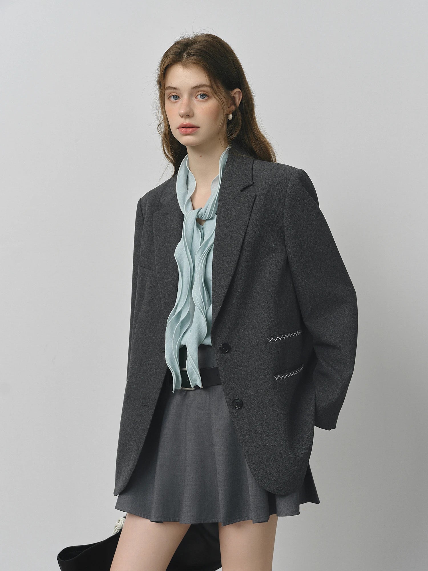 FSLE Contrast Color Line One-pocket Suit Jacket 2025 Autumn New Loose Versatile Notch Lapel Jacket
