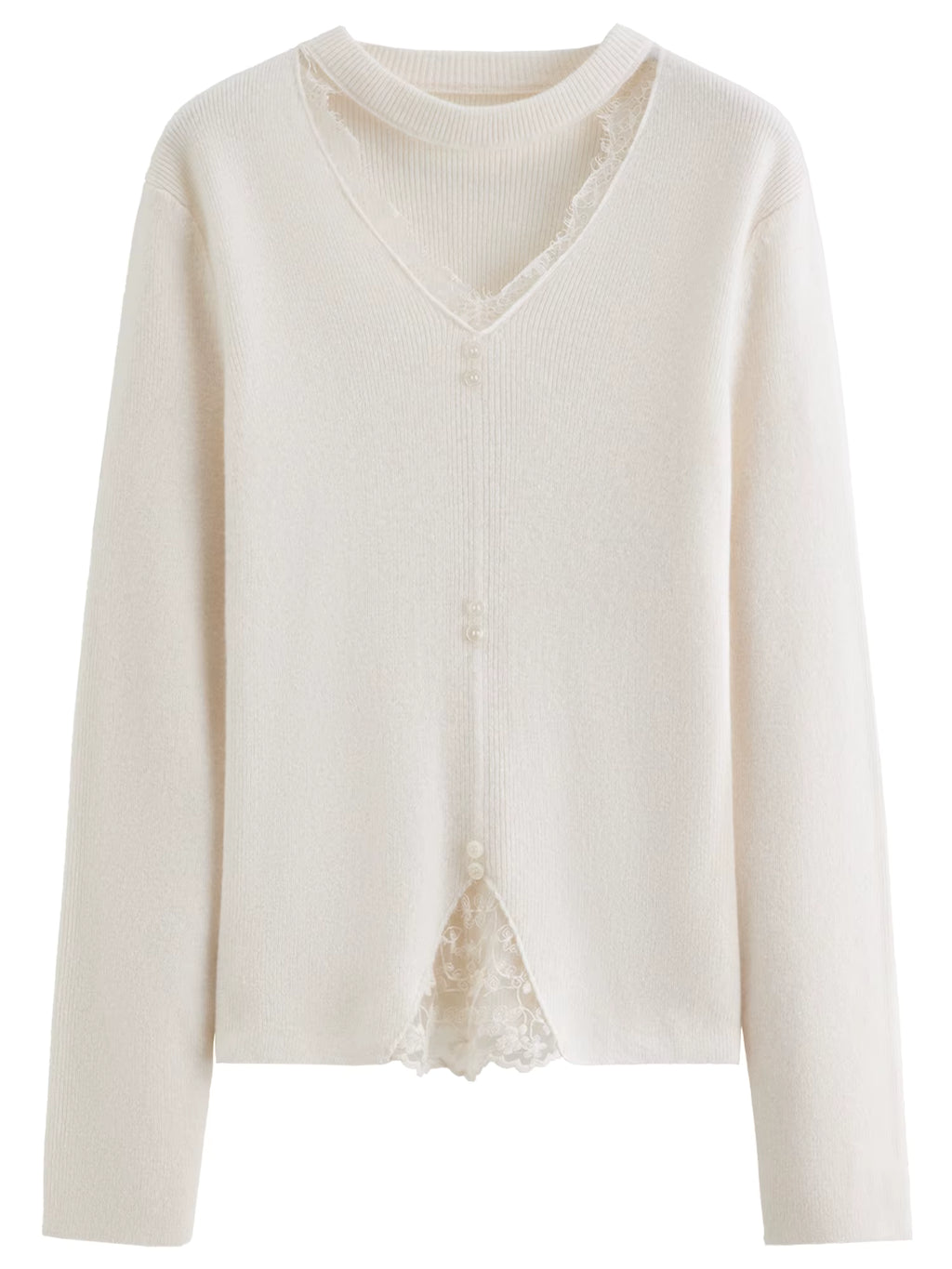 Plus-Size Women Lace-Trimmed Mesh V-Neck Knit Sweater with Wool Blend Winter 2025 New Arrival Heartbeat Signal Collection