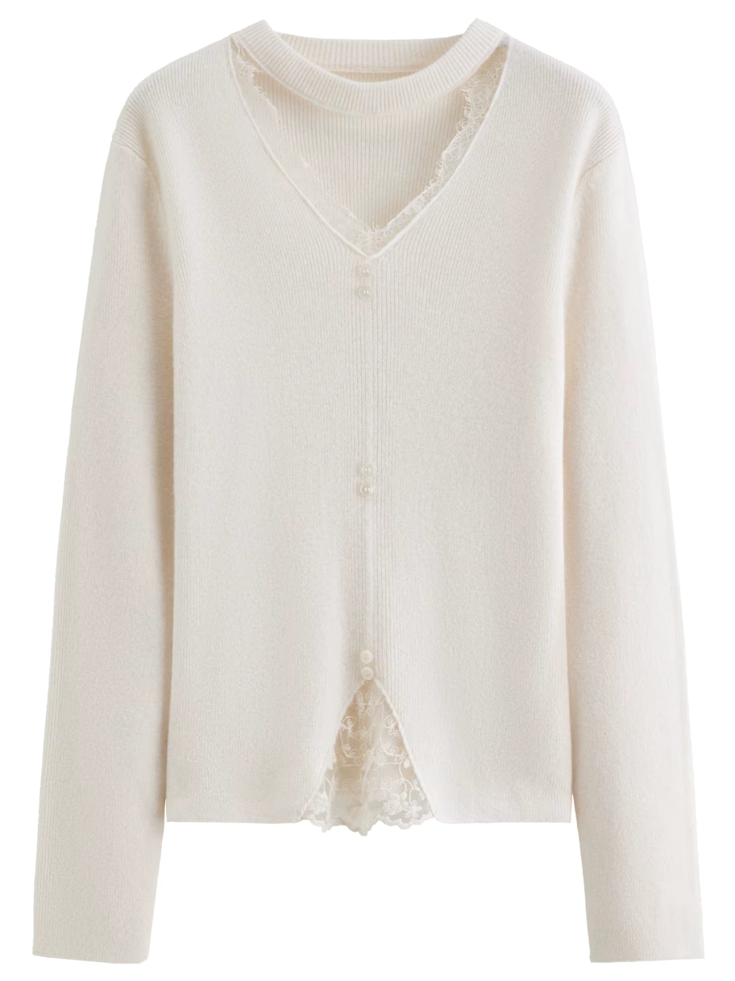 Plus-Size Women Lace-Trimmed Mesh V-Neck Knit Sweater with Wool Blend Winter 2025 New Arrival Heartbeat Signal Collection