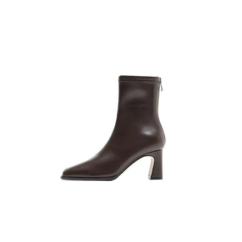 Square Ankle Boots Autumn Comfortable Soft Leather High Heel Boots Women's Fashion Zipper Simple Temperament Women's Shoes