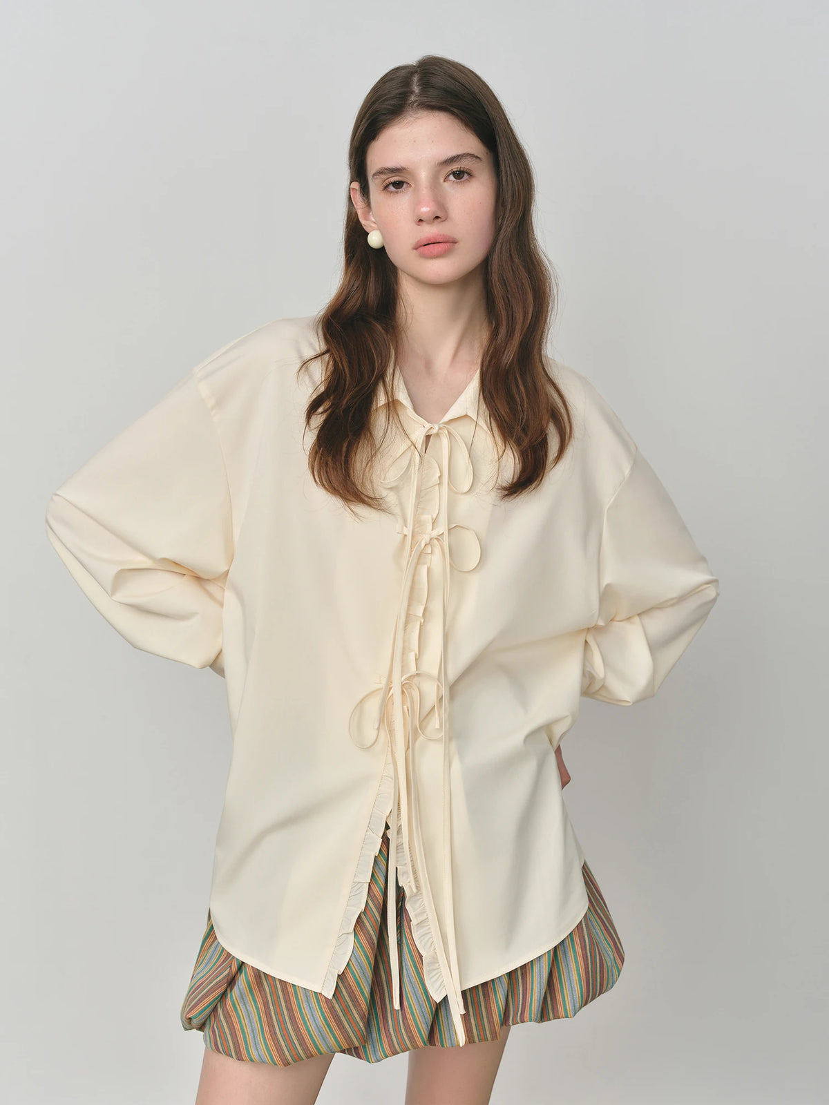 FSLE Autumn 2025 Women's French Inspired Blouse - Ruffle Trim Tie Front Loose Fit Shirt Collar Top Soft Blend Daily Wear