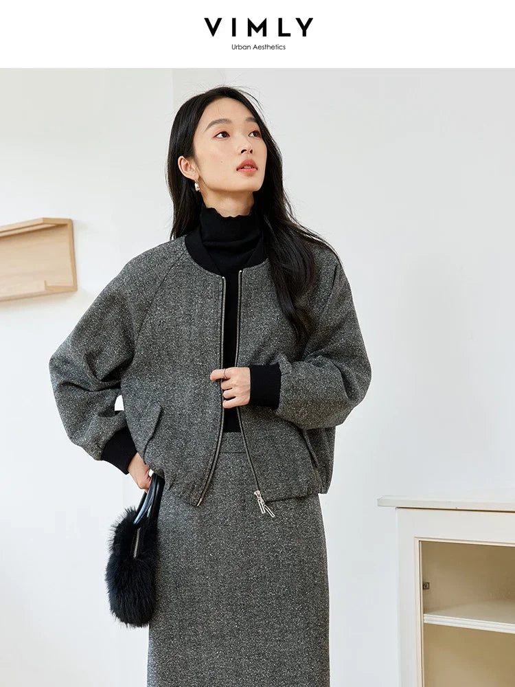 VIMLY Women's Simple Solid Tweed 2Piece Set Autumn Winter Office Lady Outfits Cardigan Short Jacket Straight-cut Slit Skirt Sets