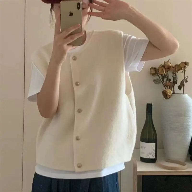 2024 Spring Fall Korean Fashion Round Neck Sweater Vest Solid Color Knitted Tank Top Sleeveless Cardigan Waistcoat Knitwear