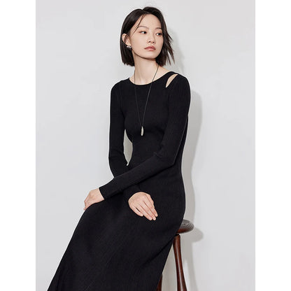 TOYOUTH Women Knitted Dress 2024 Autumn Winter New Elegant Style Off Shoulder Slim Waist Ankle Length Black Party Dress