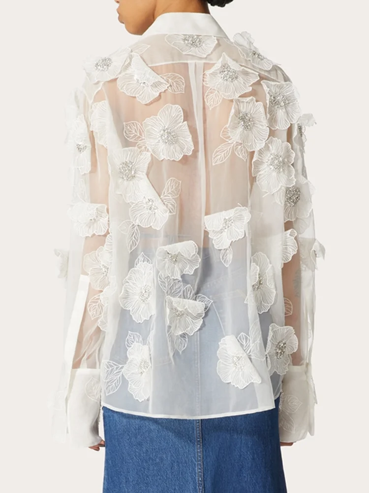 VGH Patchwork Appliques Solid Casual Blouses For Women Lapel Long Sleeve Spliced Sheer Mesh Temperament Loose Shirts Female New