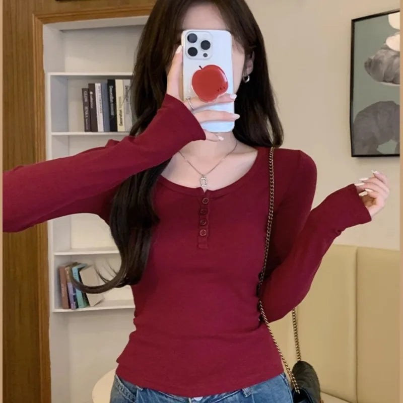 Burgundy T-shirts Women French Style Elegant Office Lady Casual Daily Temperament All-match Slim Unique Autumn Long Sleeve Tops
