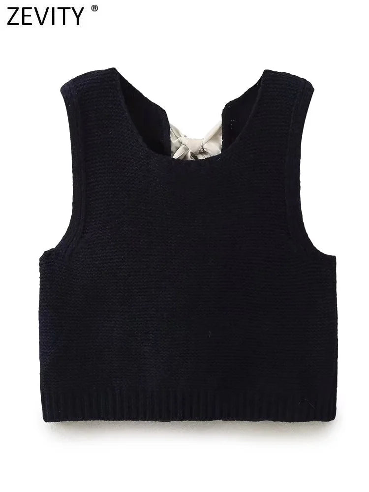 Zevity New Women Fashion Sleeveless Back Bow Tied Design Short Knitting Vest Sweater Female Chic Waistcoat Pullovers Tops SW6257