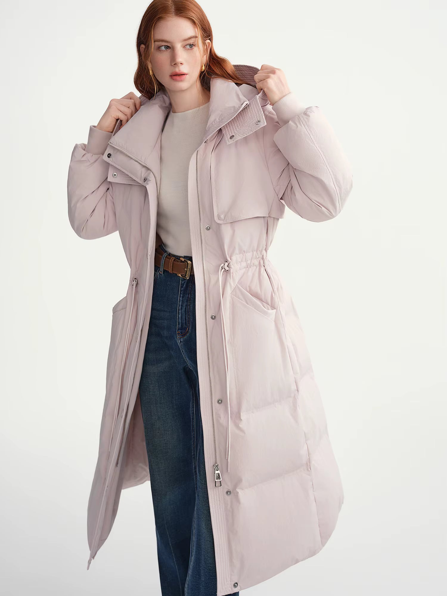 2025 Plus Women's Long Puffer Coat Hooded Belted Waist Down Jacket Slim Fit Winter Warm Thermal Parka Trench Overcoat