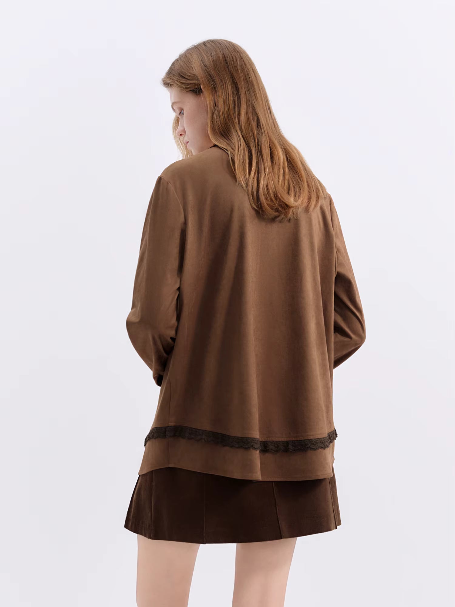 Vintage Suede Stylish Turned Collar Women's Blazer Cut-Out Embroidery Fall Winter 2025 New Arrival chic Winter Shirts Coats