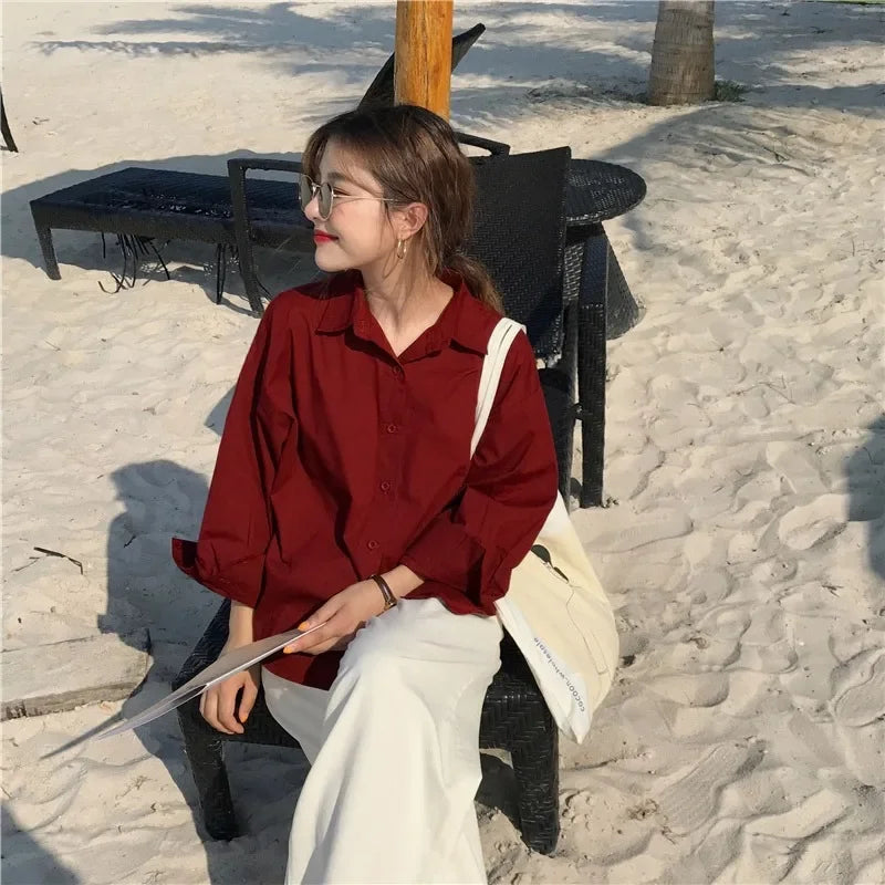 Burgundy Shirts Women Vintage Single Breasted Long Sleeve Baggy Preppy Style Fashion Simple Beach Holiday Korean Retro Oversize