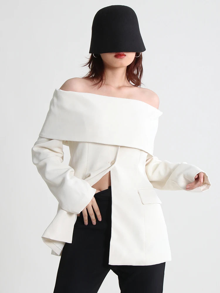 TWOTWINSTYLE Minimalist Solid Slash Neck Blazer For Women Long Sleeve Off Shoulder Straight Blazers Female Clothing New Fashion