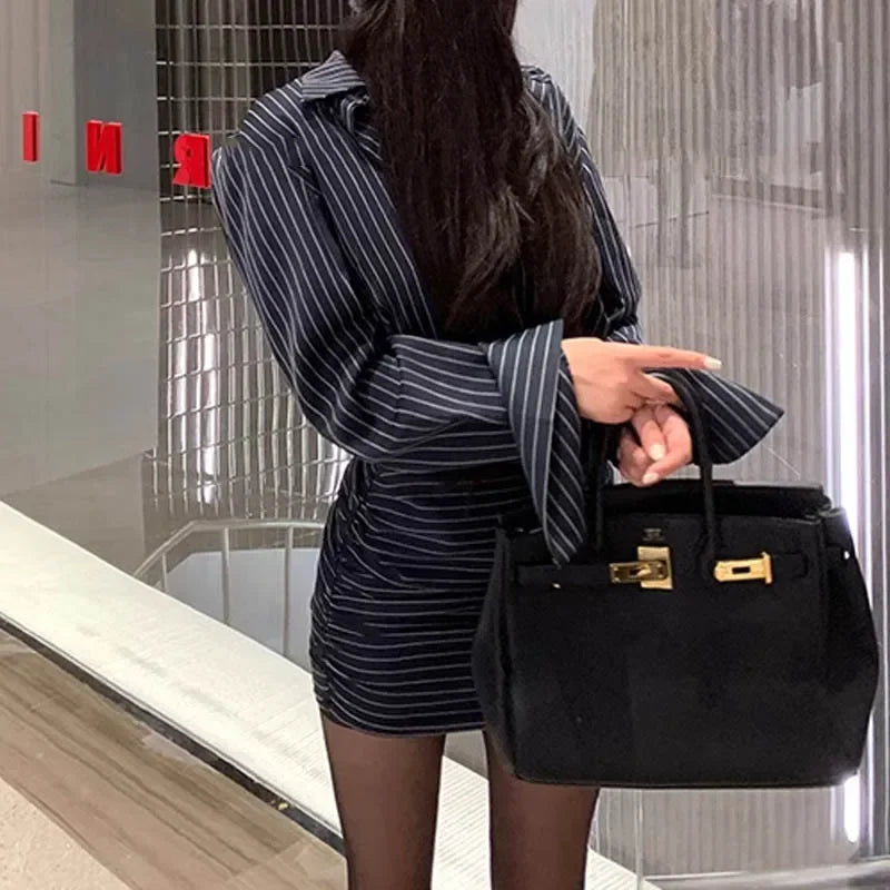 2024 Autumn Office Siren Deconstructed Large Women's Striped Shirt Dress Waist-Fitted Single-Breasted Mini Dress