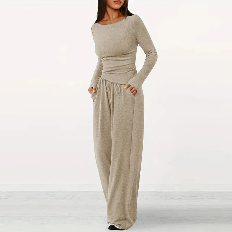 Women Two Piece Sets Pajama Set Sexy V-neck Long Sleeve Shirts Loose High Waist Wide Leg Pant Sets Lady Sleepwear Tracksuits