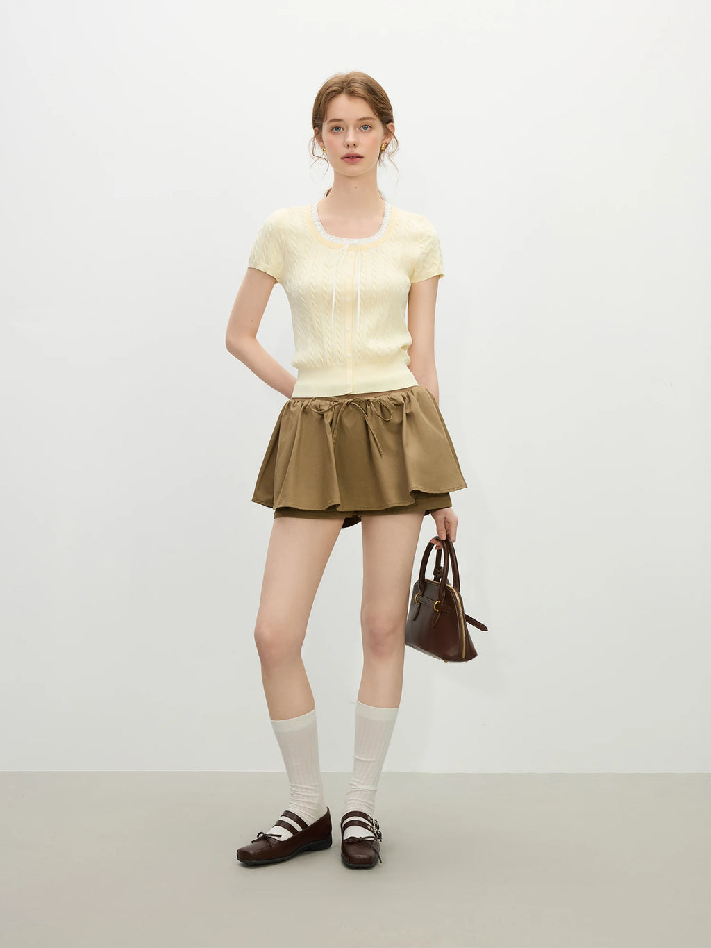 FSLE Youthful Cable Knit Two-Piece Top 2025 Summer Lace Trim Collar Slim Fit Day to Night Outfit Casual Loose Tops