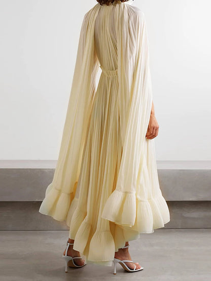 VGH Ruffles Irregular Solid Dresses For Women V Neck Cloak Sleeves High Waist Spliced Lace Up Loose Folds Dress Female Summer