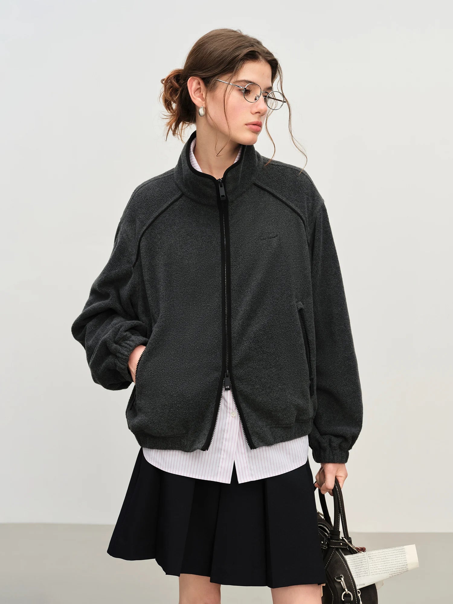 FSLE Stand Collar Raglan Casual Style Jacket for Women 2025 Autumn New Contrast Color Windproof Short Jacket All-match