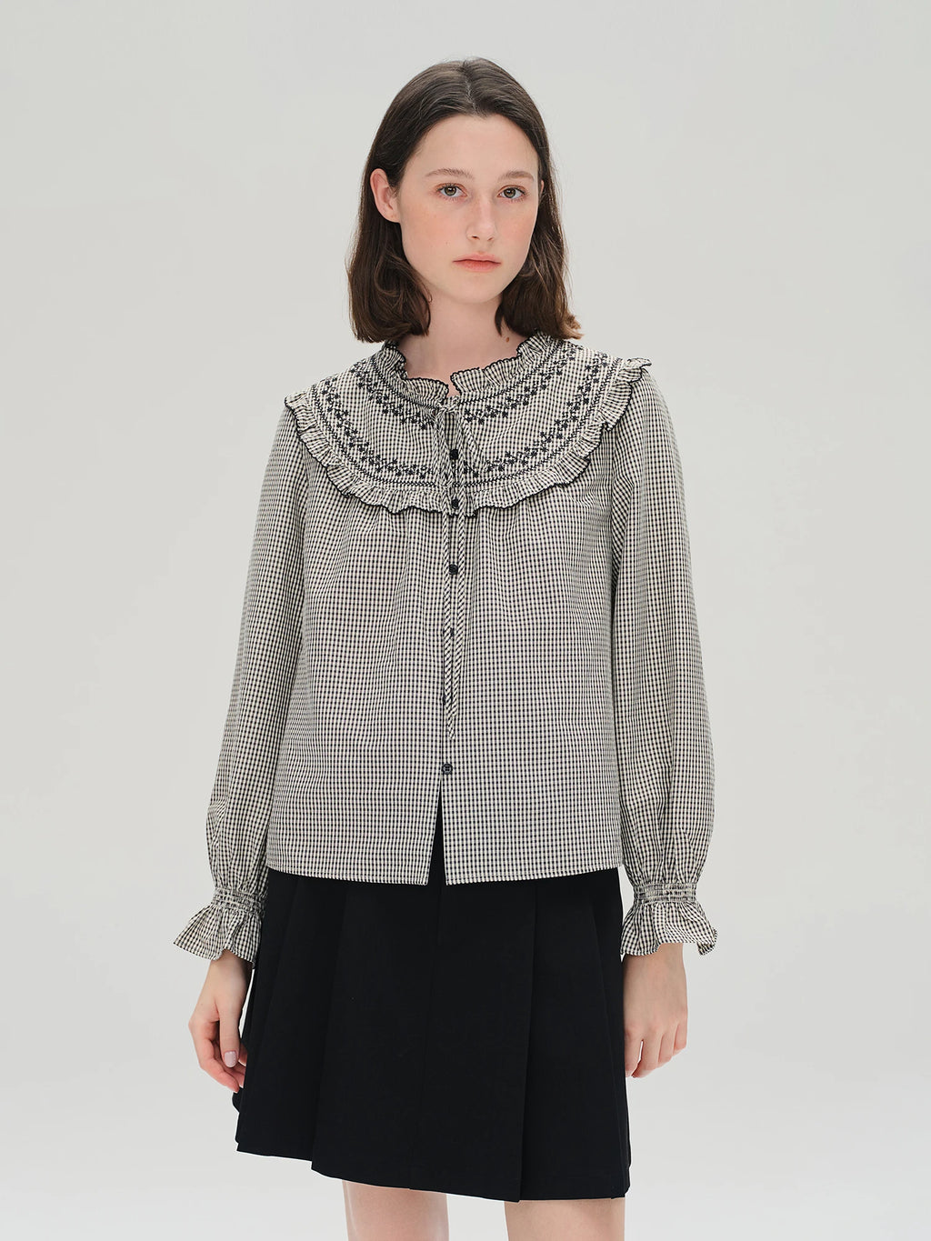 DUSHU Ruffled Plaid Shirt Women Age-reducing Early Autumn Women's Clothing 2025 New French Style Sweet Top