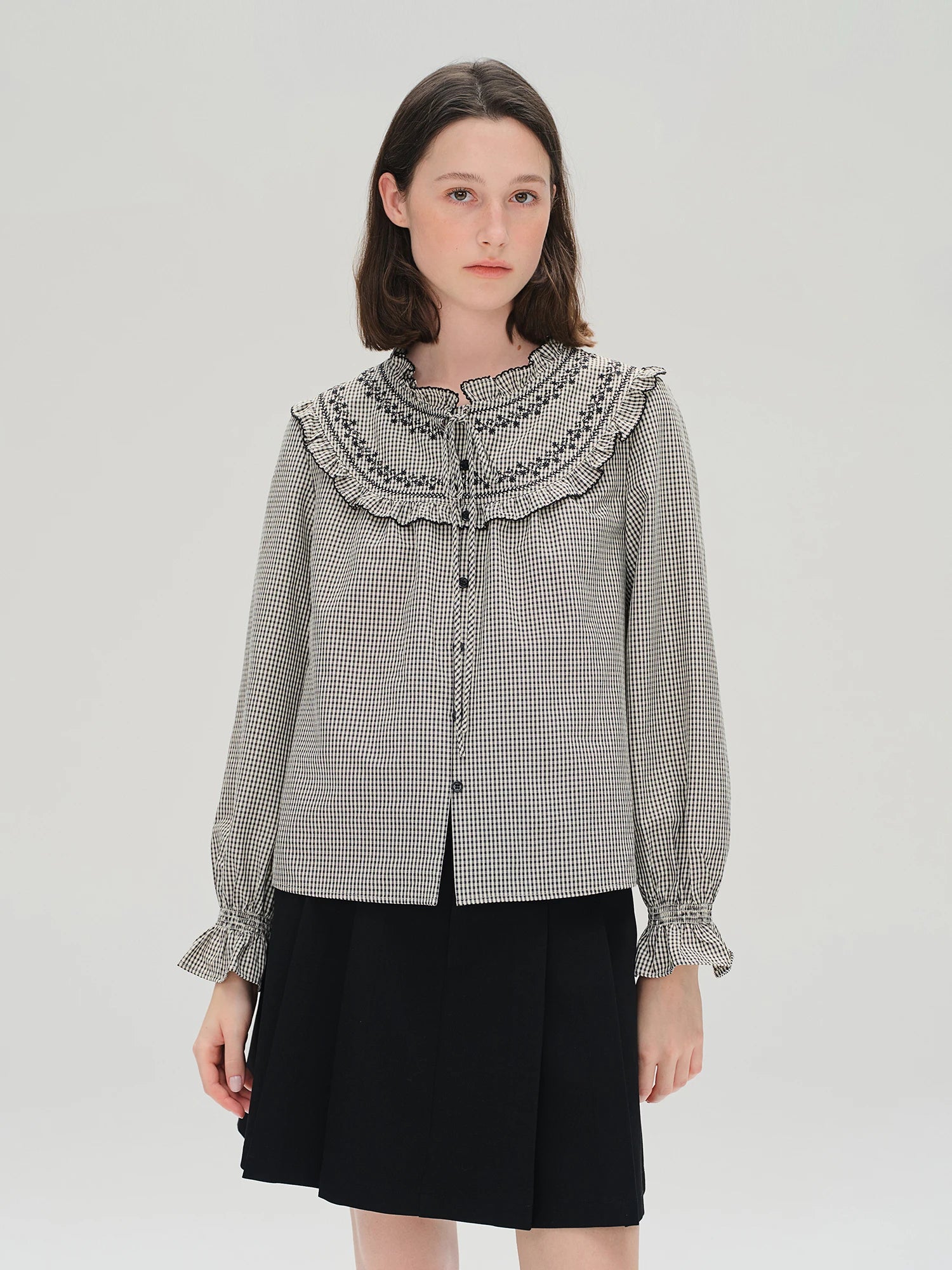 DUSHU Ruffled Plaid Shirt Women Age-reducing Early Autumn Women's Clothing 2025 New French Style Sweet Top