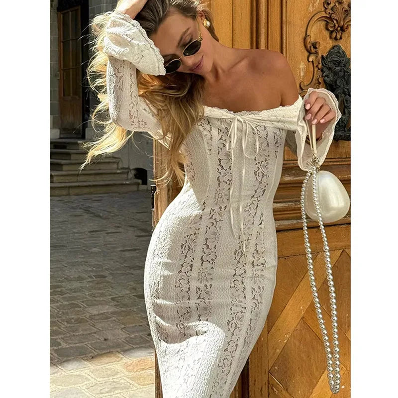Elegant Off-Shoulder Lace Maxi Dress with Flared Sleeves and High-Low Hem