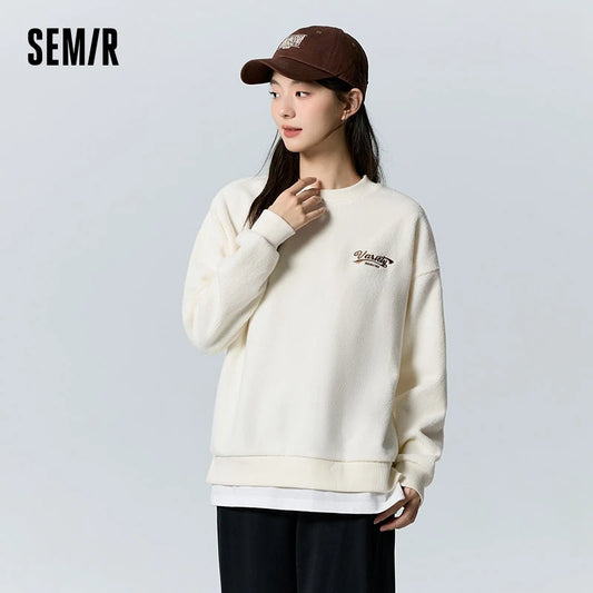 Semir Sweatshirt Women Mid-Length Heating Imitation Lamb Wool Loose Fake Two-Piece Letter Embroidery Dropped Shoulder Top