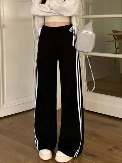 HOUZHOU Contrast Spliced Striped Sports Pants Women American Retro Kawaii Sweet  Bow Bandage High Waist Straight Leg Trousers