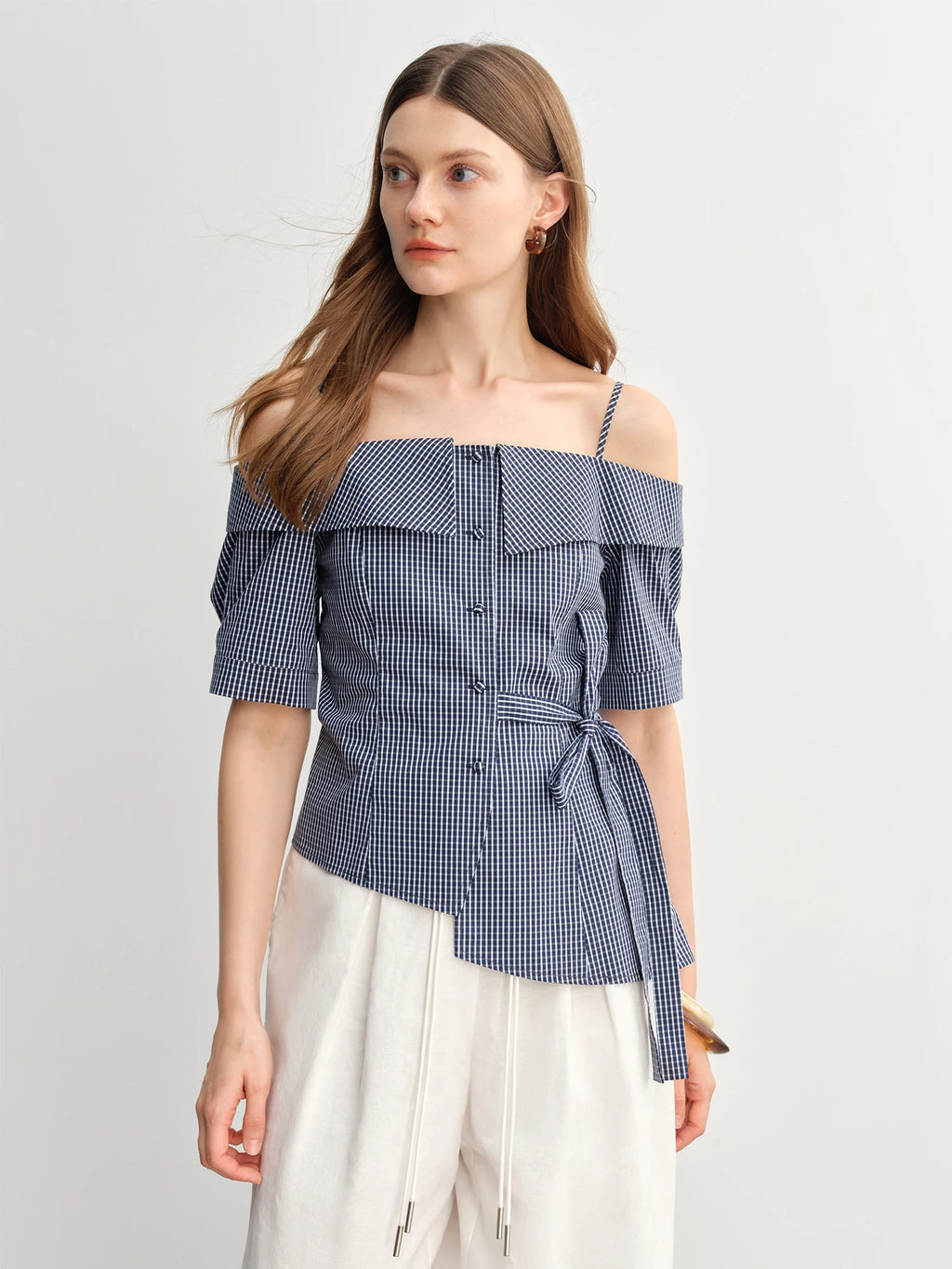 2025 Summer Women's Gingham Strappy Top - Adjustable Ties Short Sleeve Shirt with Flattering Silhouette & Design Details