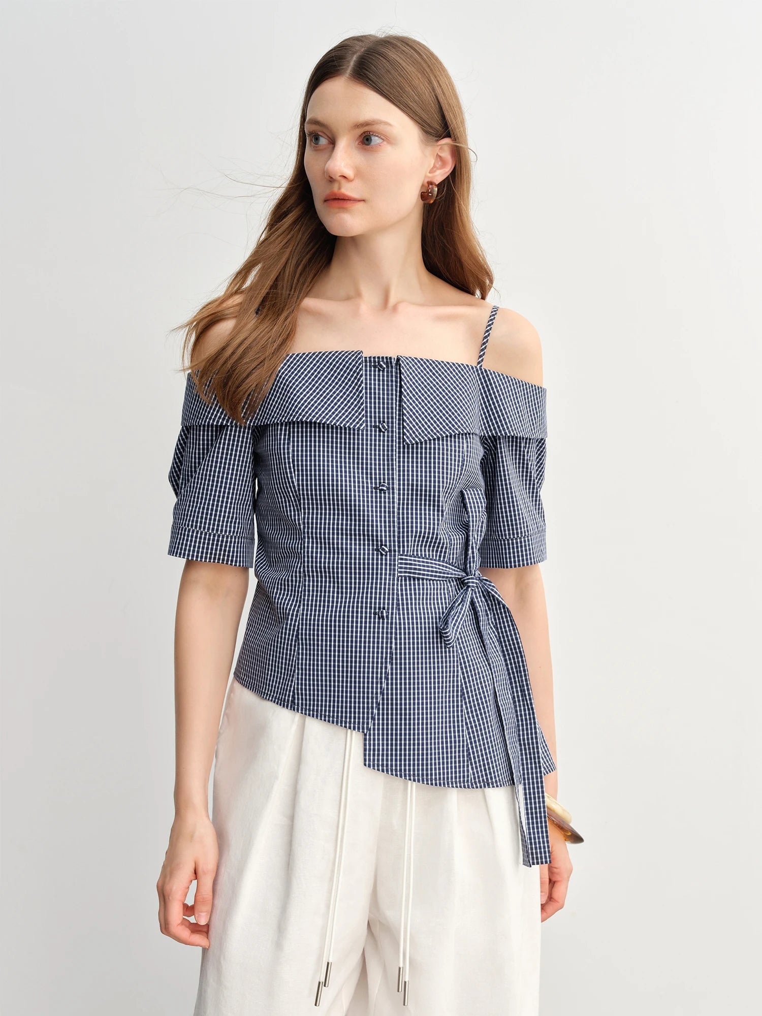 2025 Summer Women's Gingham Strappy Top - Adjustable Ties Short Sleeve Shirt with Flattering Silhouette & Design Details