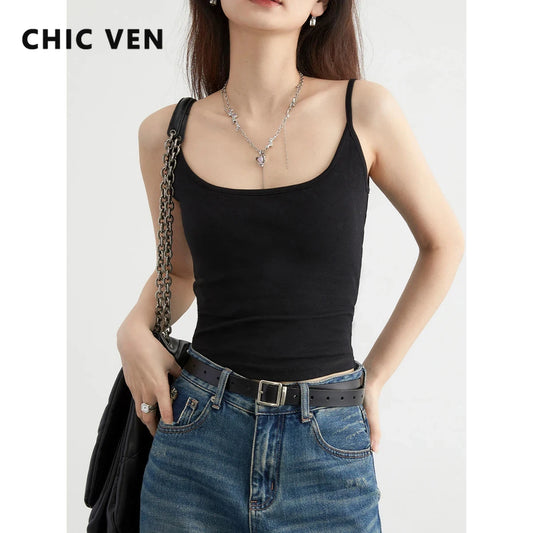 CHIC VEN Women Camis Slim New U Neck Sleeveless Knitted Solid Female Tank Woman Top Basic Clothing Spring Summer 2024