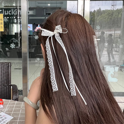 Korean Lace Cream White Bow Ribbon Hair Clip for Women Hairpins Bullet Style Side Shredded Hairpin Headpiece Clip New Headwear