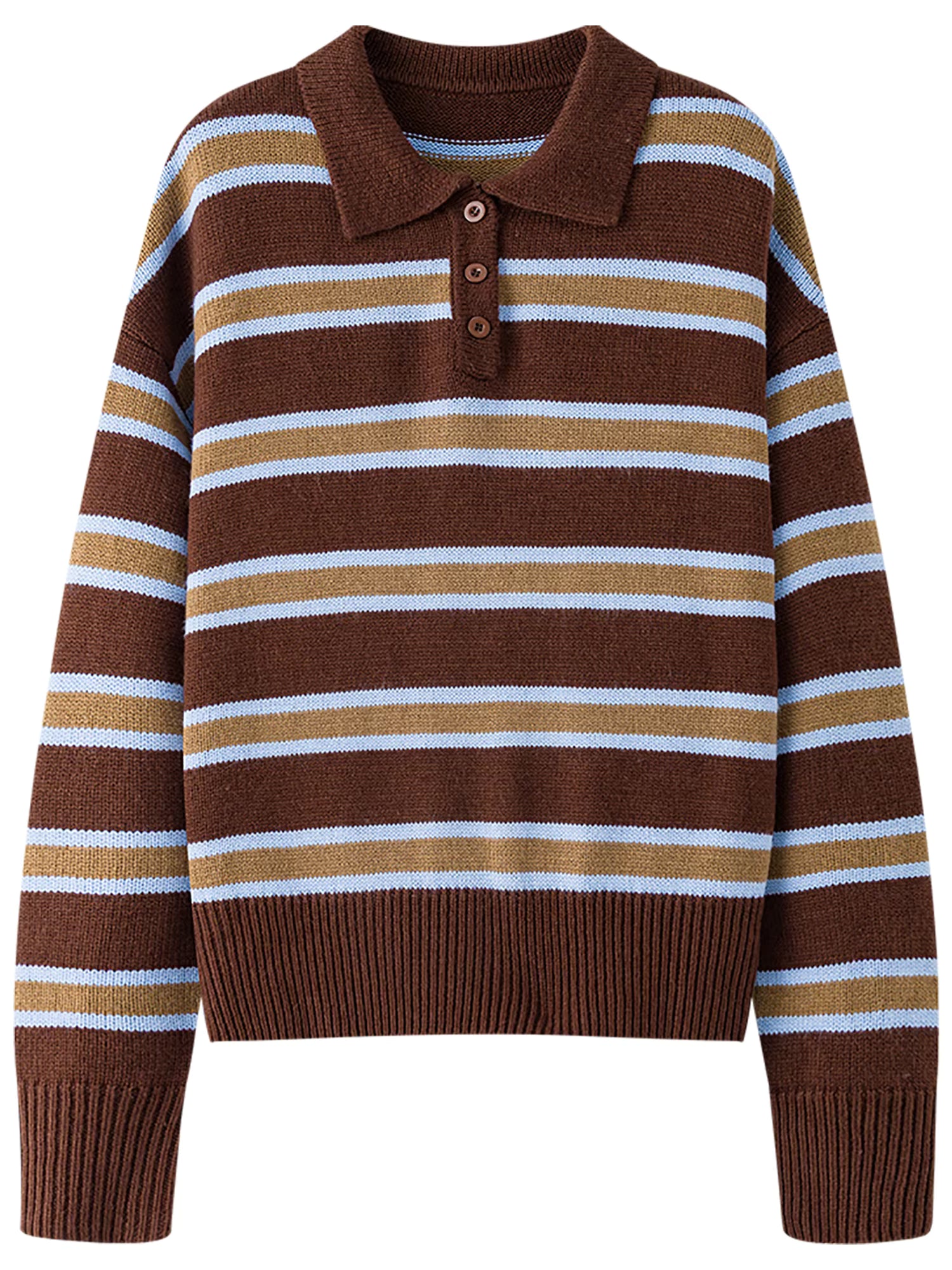 Casual Contrast Color Striped Turn Down Collar Sweater Women Loose 2025 Winter New Retro Sweater Soft Cozy Homewear