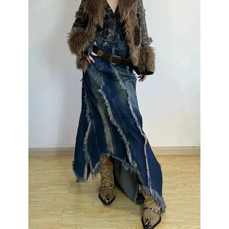 Women Blue Denim Half Body Skirt Tassels Bottoms High Waist Casual Korean Mid Length Skirt Baggy Vintage Female Long Skirt