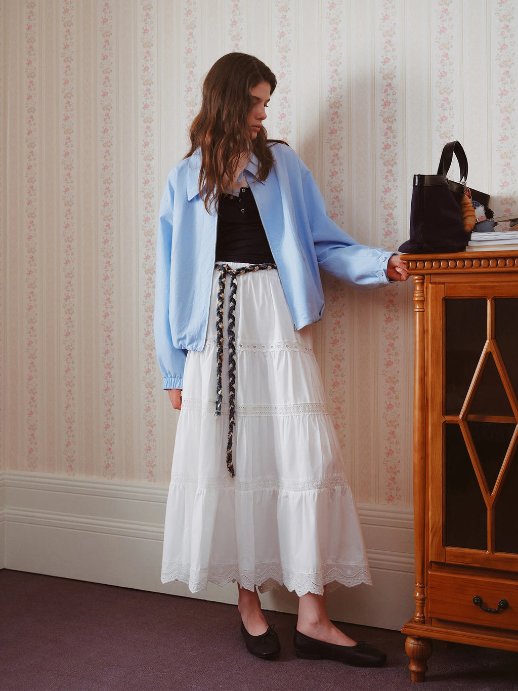 FSLE High Waist Lace Stitching Heavy A-line Super Long Cake Skirt Female 2025 Early Autumn New