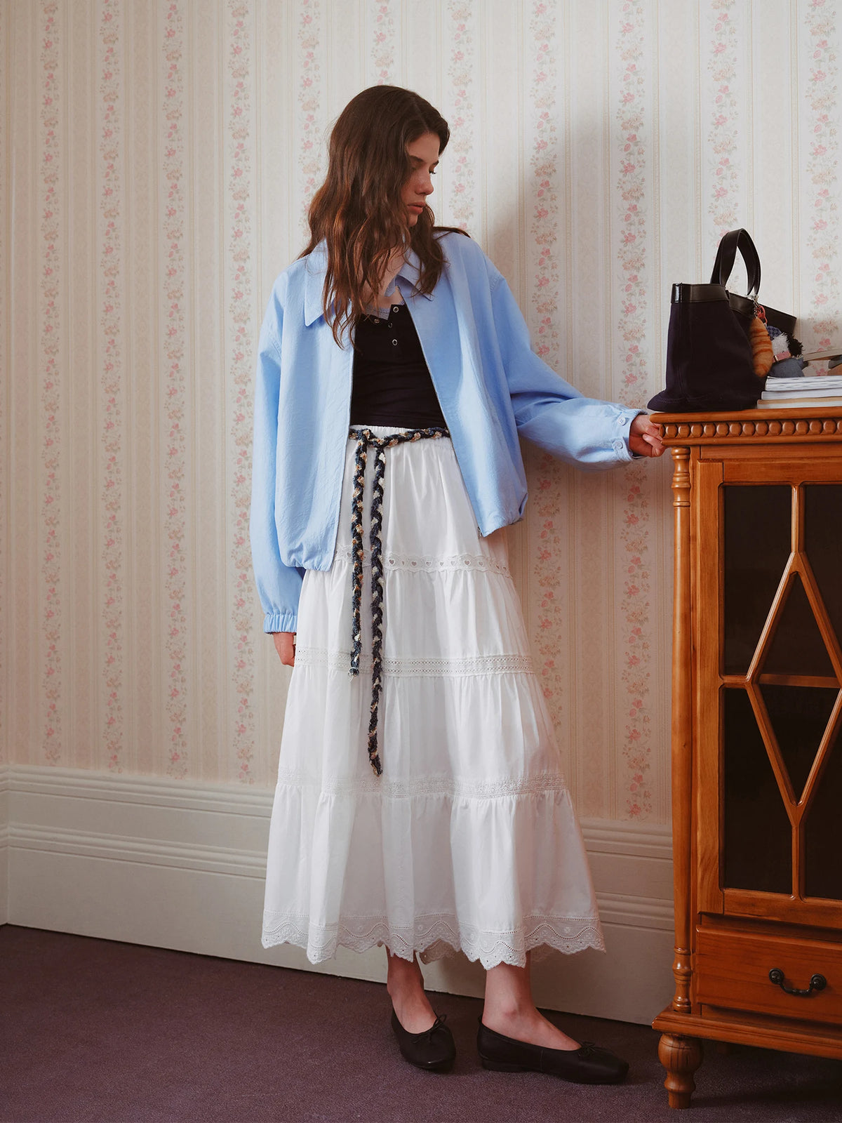 FSLE High Waist Lace Stitching Heavy A-line Super Long Cake Skirt Female 2025 Early Autumn New