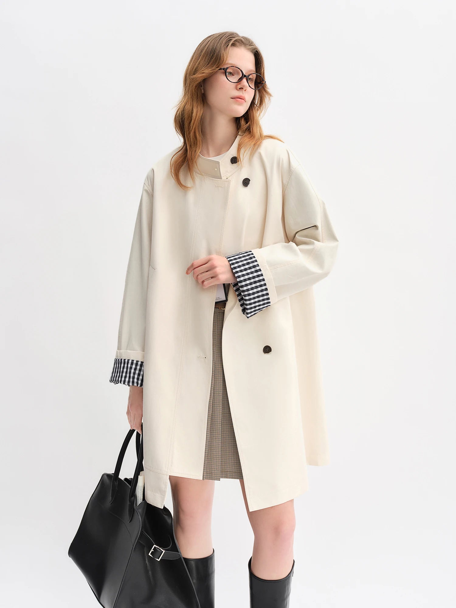 DUSHU Autumn 2025 Women's Stand Collar Trench Coat - Relaxed Fit Plaid Patchwork Loose Outerwear Casual Windbreaker Top