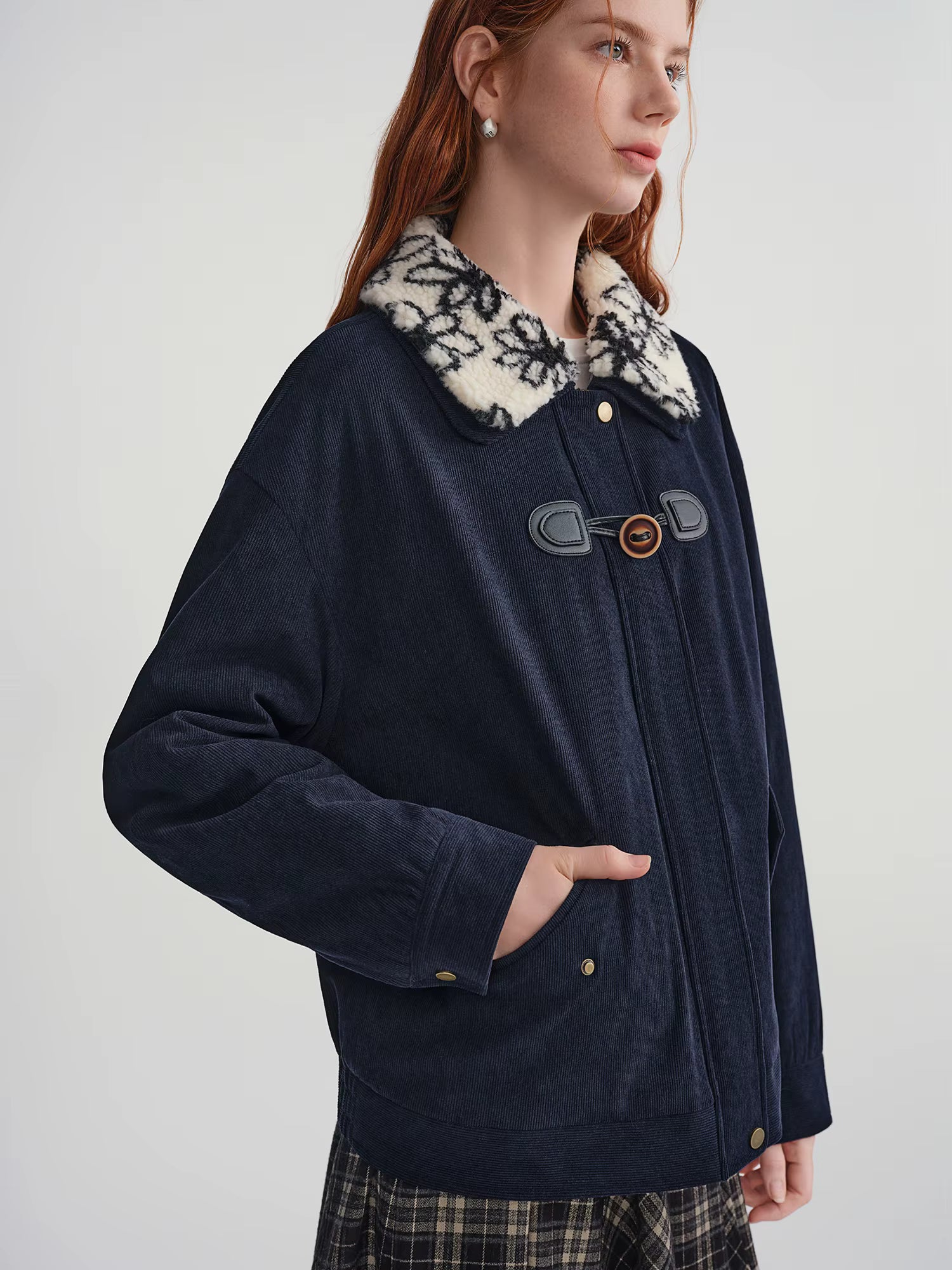 Plus-Size Women's Shearling Collar Corduroy Lined Mid-Classic Blue Tone Jacket Fall-Winter 2025 New Arrival Coat Jackets
