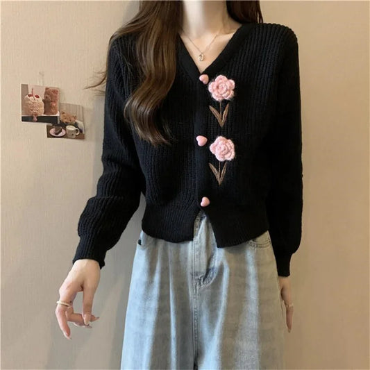 Heavy Industry Beautiful Flowers Knitted Cardigan Sweater Women Slim In Autumn And Winter With Small Cardigan V-neck Short Coat