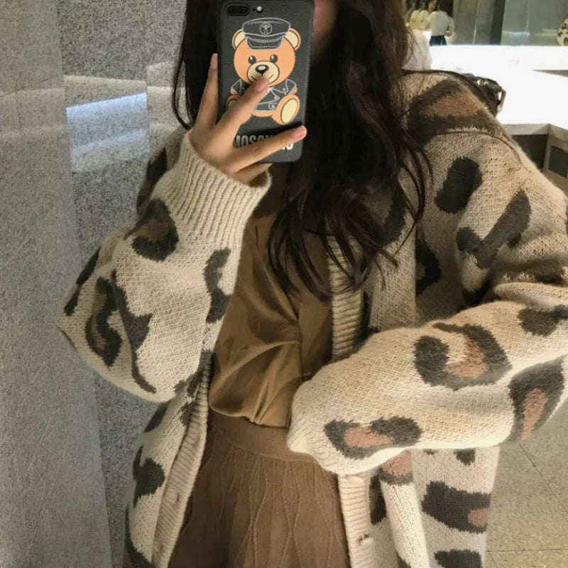 Pink V-neck Leopard Print Sweater Women's Autumn Korean Version Loose Fit Slimming Sweater Knitted Cardigan Jacket