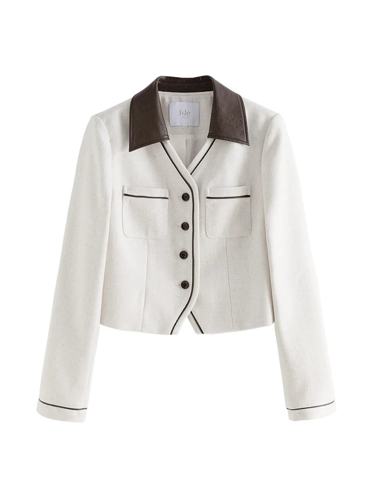 FSLE Elegant Contrast Color Pu Collar Retro Temperament Short Coat for Women 2023 New Suit Loose Jacket + A-Line Skirt Female Se