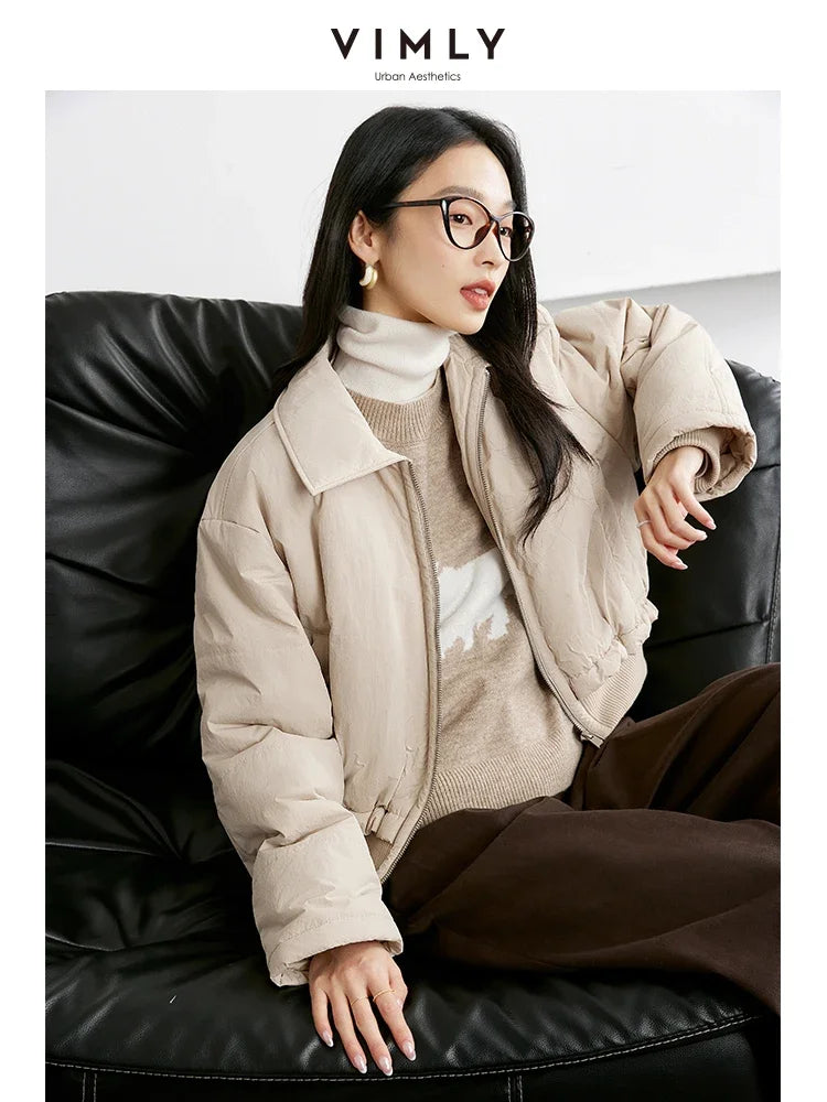 VIMLY Women Casual Lapel Short Parkas Winter Simple Warm Thick Coats Fashion Commuter Solid Cotton Padded Jacket Zipper Clothes