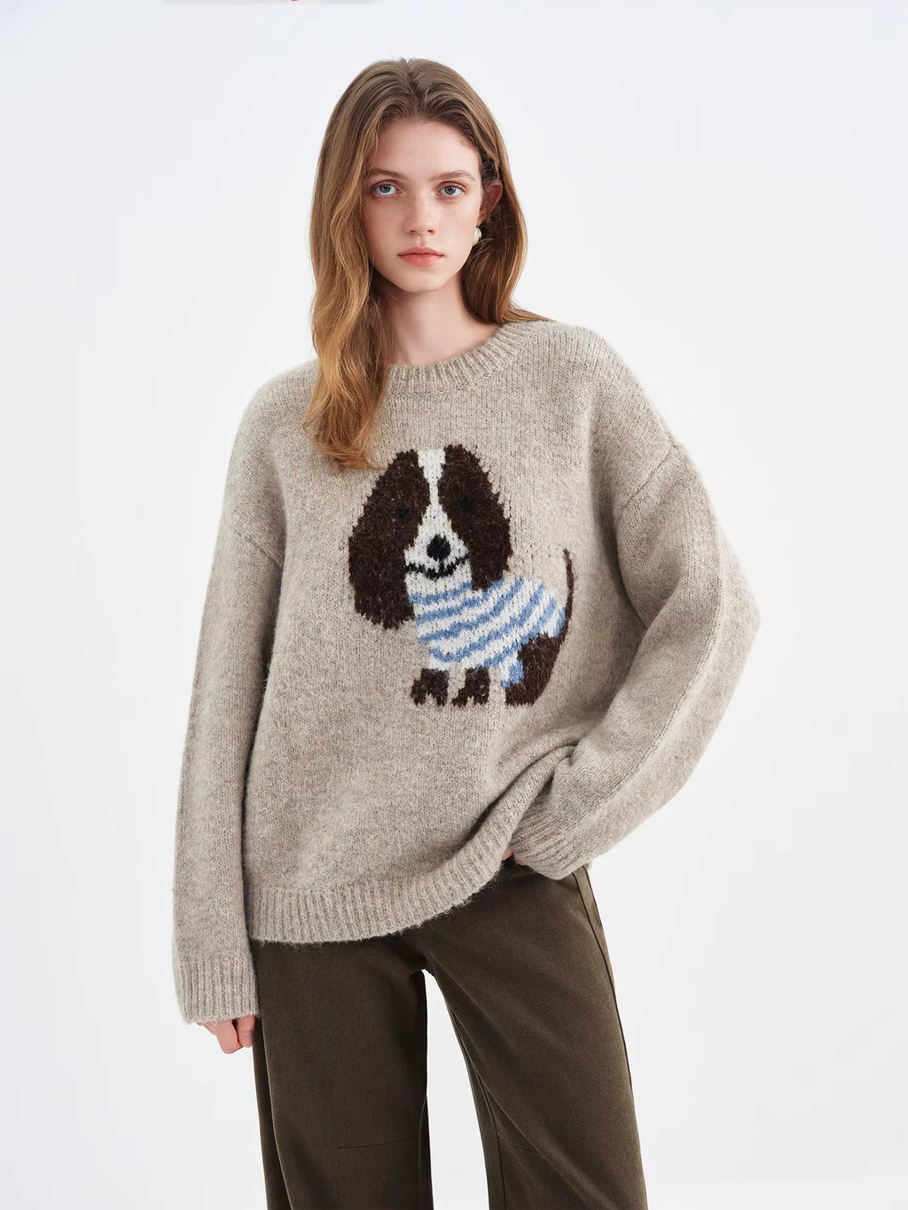 Round Neck Wool Cartoon Puppy Pattern Knitted Sweater Top for Women New Winter 2025 Style Age-reducing Leisure