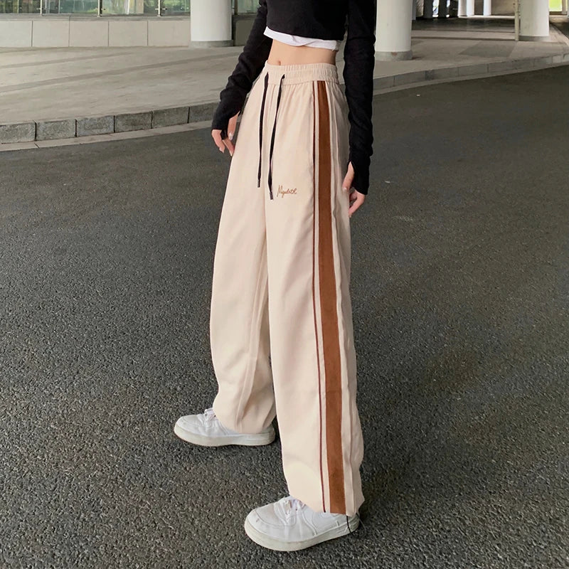 Women Korean Fashion Casual Trousers Girls Hip Hop Patchwork Straight Leg Pants Female Elastic Black Coffee Apricot Sweatpants