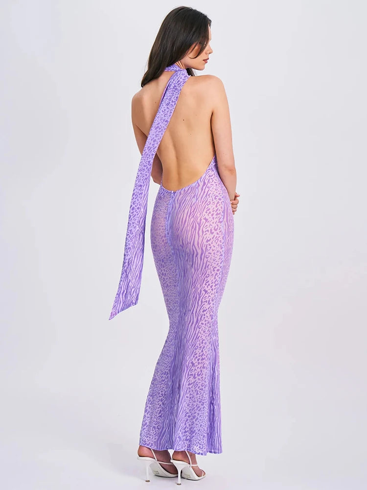 Mozision Purple Sheer Leopard Print Sexy Maxi Dress Women See Through Halter Draped Sleeveless Backless Bodycon Party Long Dress