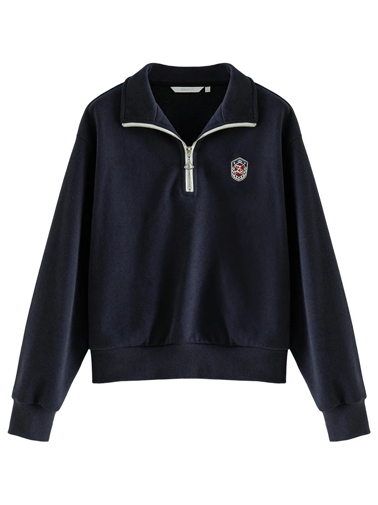 ZIQIAO Retro American Academy Style Sweater Women's 2023 Autumn Winter New Half Pull Chain Polo Neck Tops For Women Causal
