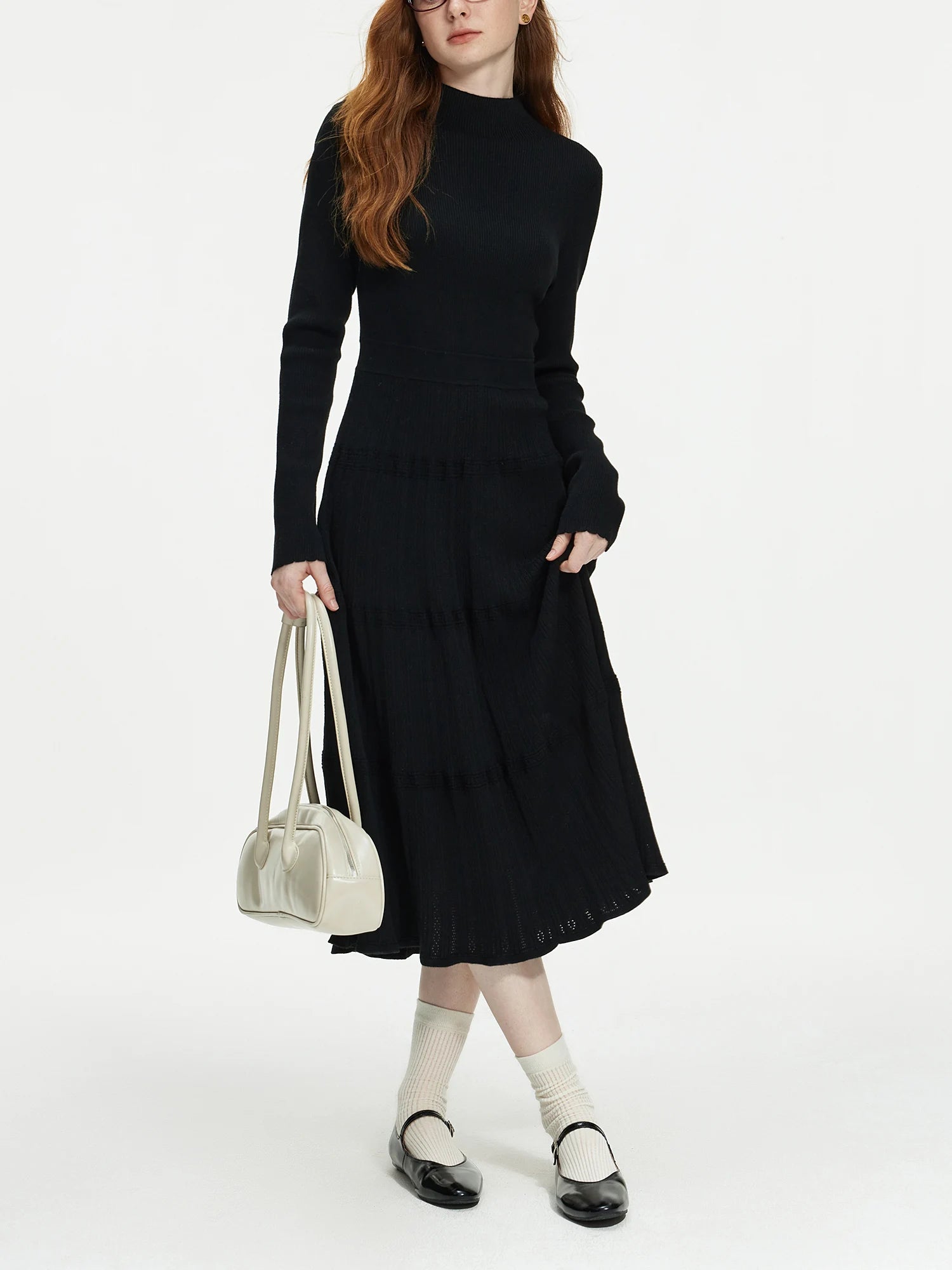 FSLE Office Lady Black Semi High Neck Long Sleeved Base Knitted Dress for Women's Autumn and Winter 2024 New Dress 24FS14387