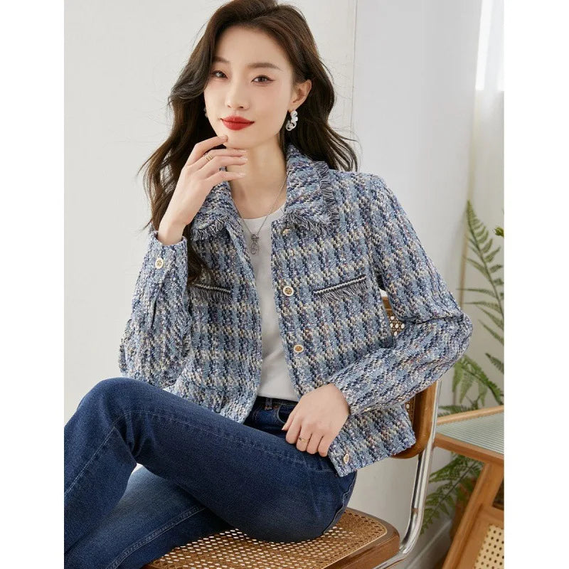 Autumn Winter Fragrant Style Turn Neck Straight Tube Tweed Short Coat Women's Long Sleeve Jackets