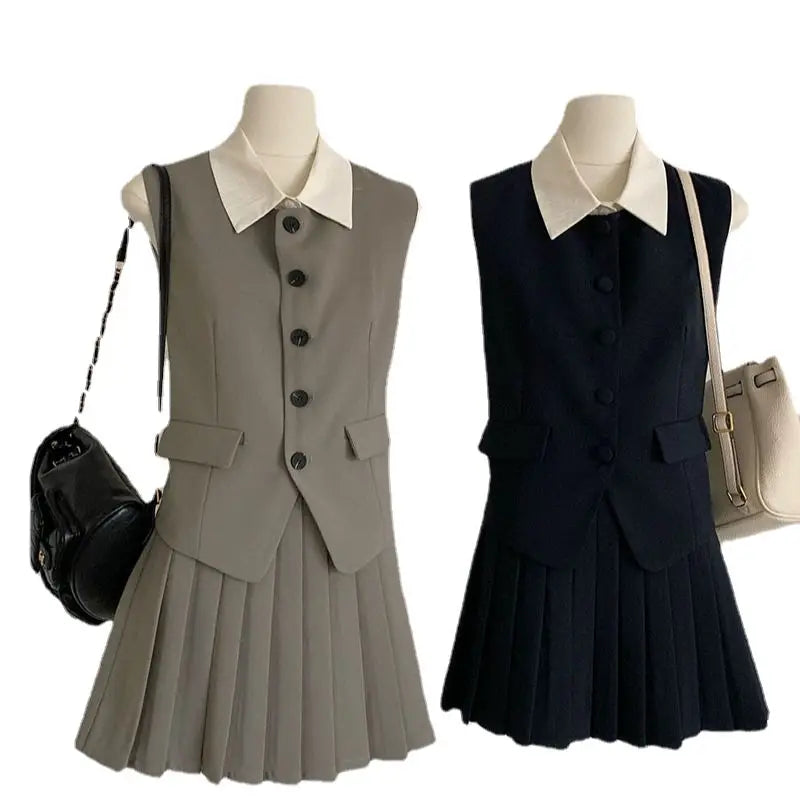 Black Two Piece Sets Women Outfits Spring and Summer New Korean Fashion Commuting Slim Suit Vest Top Pleated Short Skirt Set
