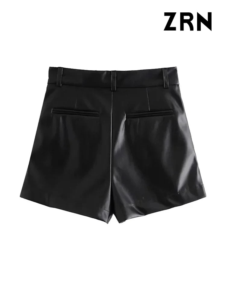 ZRN-Women's Faux Leather Shorts with Side Pockets, High Waist, Zipper Fly, Female Short Pants, Chic Fashion
