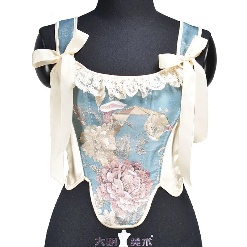 Vintage Oil Painting Print Corset Sexy Bustier Women Waist Trainer Low Cut Tie Up Ruffle Camisole Tanks Crop Top Bandage Girdle