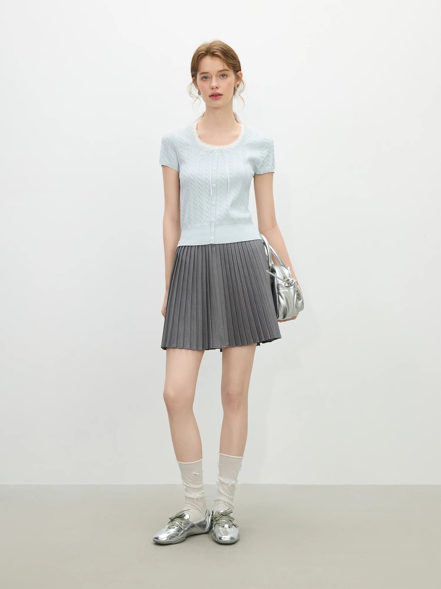 FSLE Youthful Cable Knit Two-Piece Top 2025 Summer Lace Trim Collar Slim Fit Day to Night Outfit Casual Loose Tops