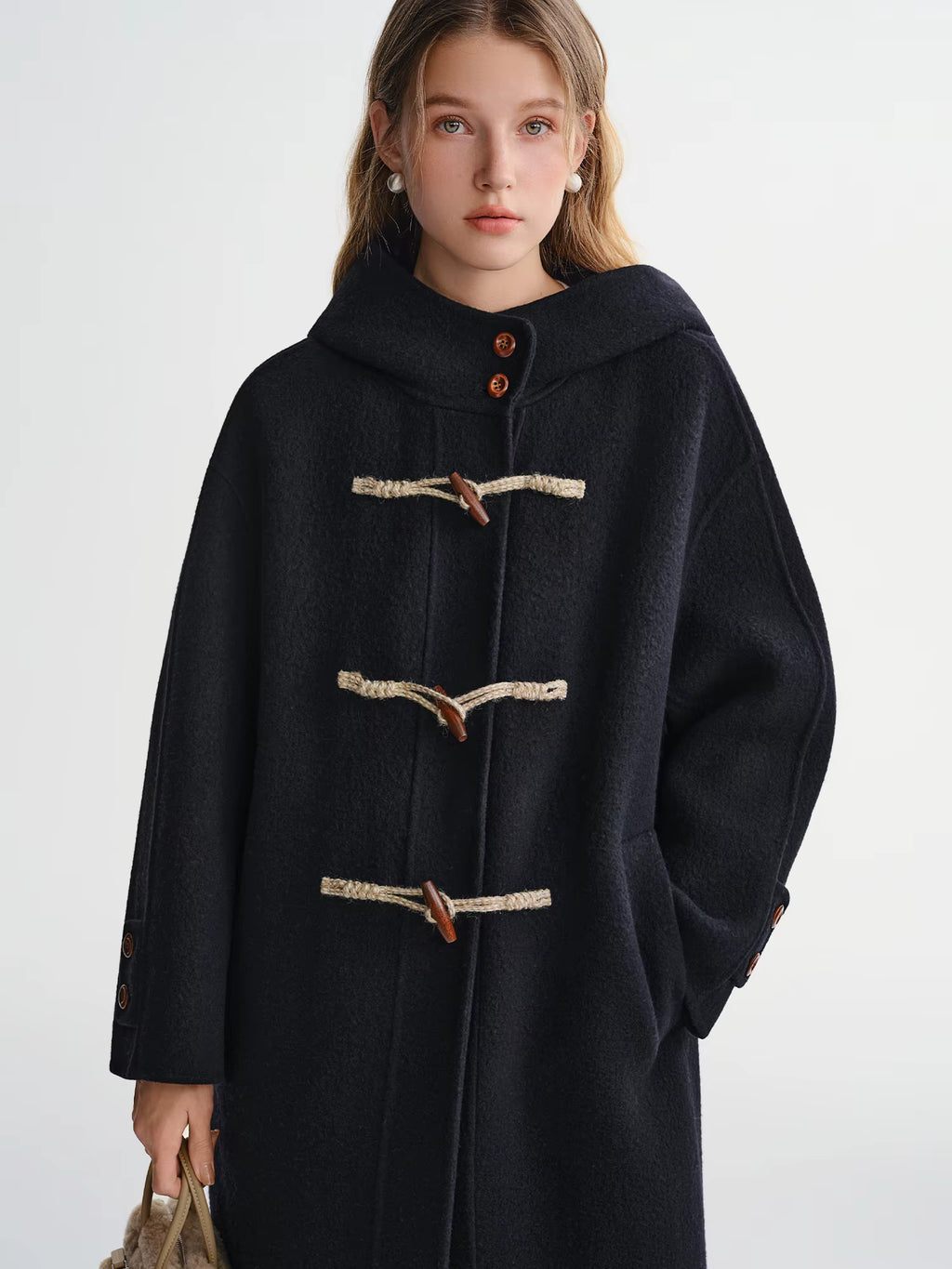 Winter 2025 Women's Horn Button Wool Blend Coat - Korean Style Double Faced Midi Length Stand Collar Casual Elegance